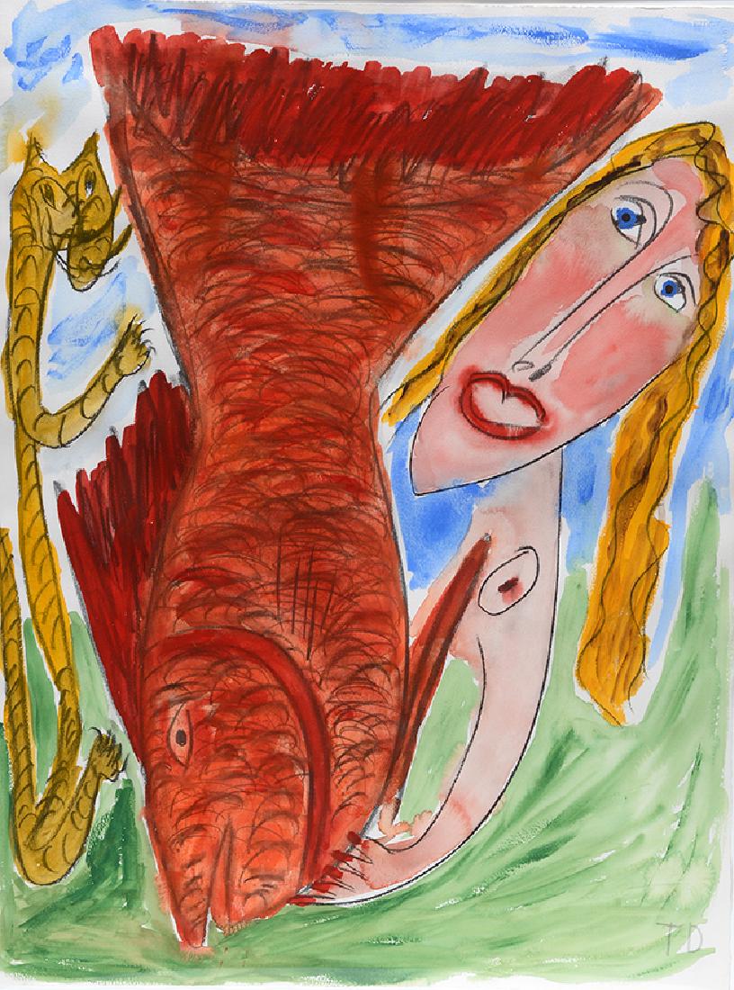 Thornton Dial. Nude Woman With Fish & Tiger.: Thornton Dial. Nude Woman With Fish & Tiger. Initialed. Watercolor and graphite on artist paper. Excellent condition. Image is 22" w x 29"h. Frame is 26" w x 34" h. Provenance: The Estelle Friedman Co