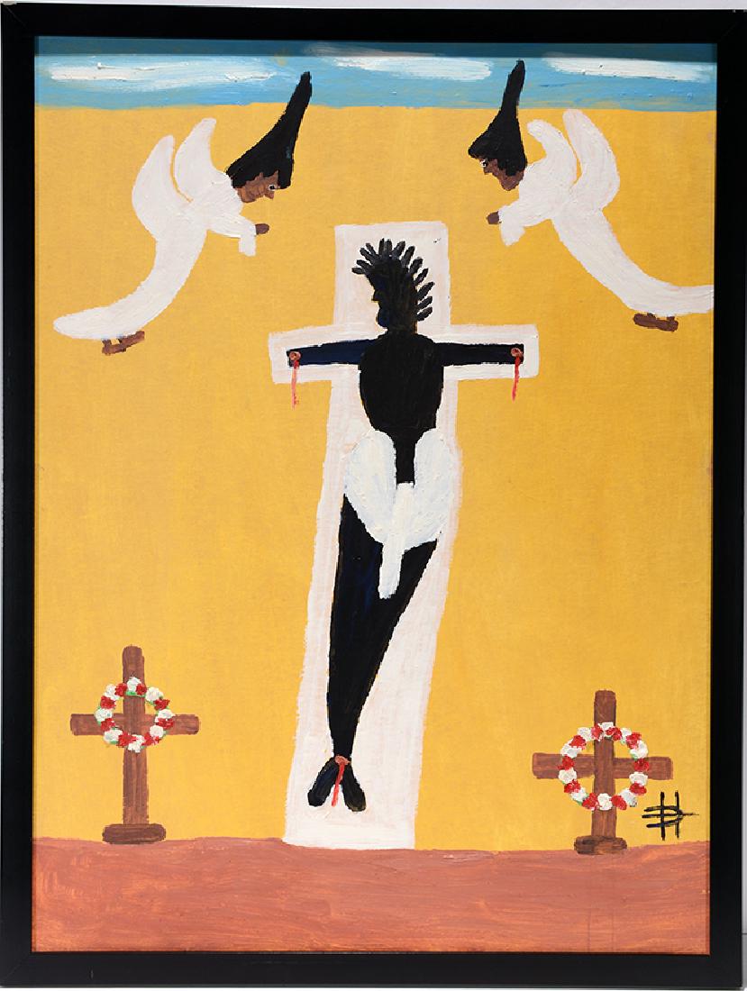 Clementine Hunter. Crucifixion.: Clementine Hunter. Crucifixion. c. 1970's. Monogram lower right corner. Oil on artist panel. Excellent condition. Size with frame is 19" w x 25"h. Est. $3,000-5,000. Ship: $45