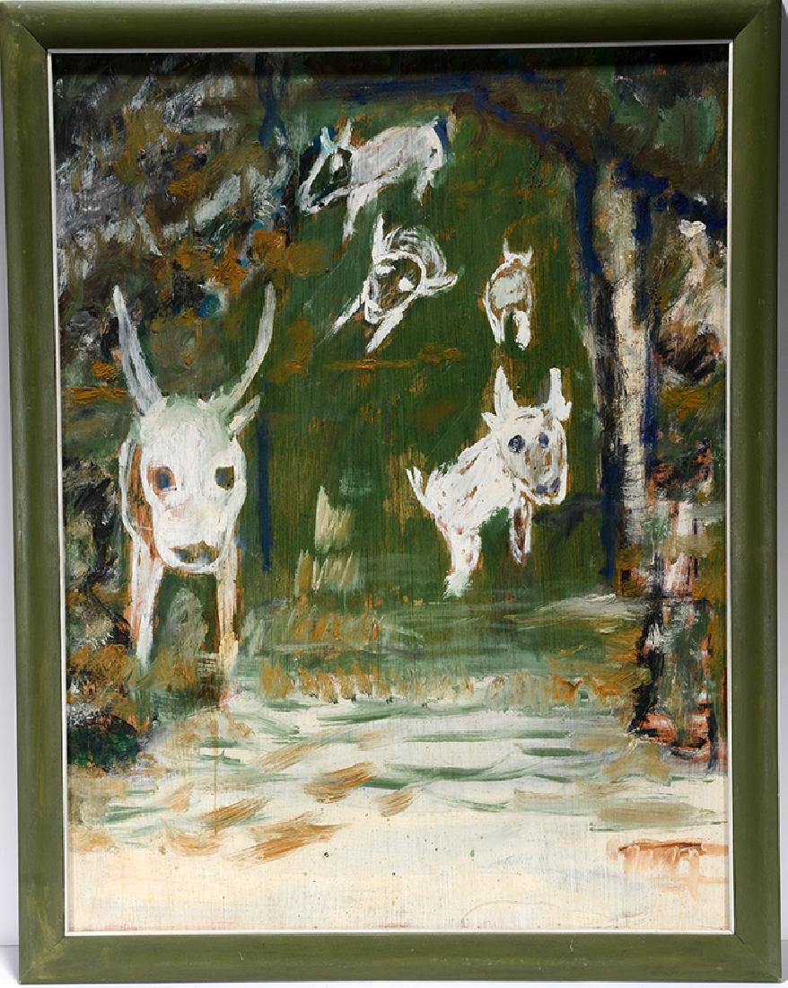 Jon Serl. Counting Sheep.: Jon Serl Counting Sheep. Not signed or dated. Paint on found board. Board has original holes, otherwise excellent condition. Image is 23" w x 30"h. Size with frame is 26" w x 33"h. Provenance: The Ame