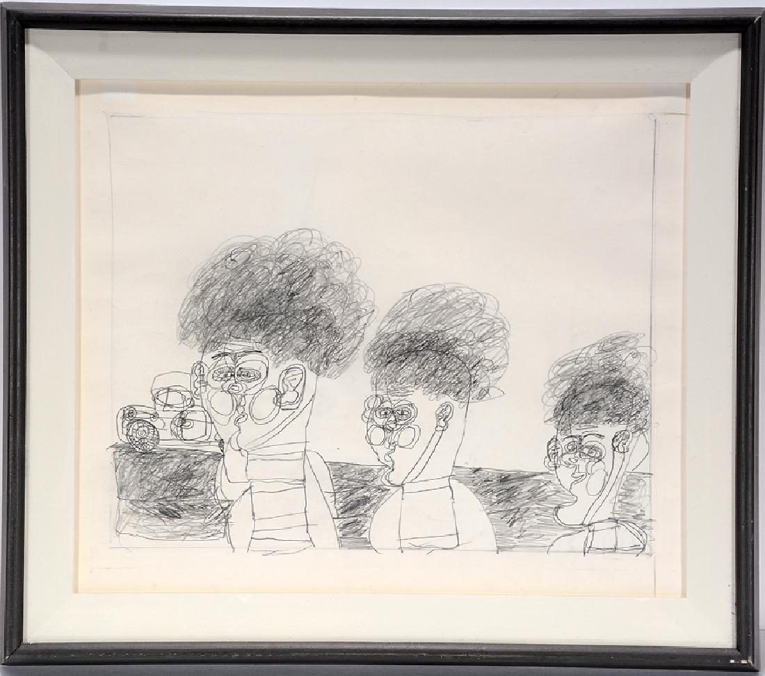 Dwight Mackintosh. 3 Figures In Front Of Car.: Dwight Mackintosh. 3 Figures In Front Of Car. Not signed or dated. Graphite on paper. Excellent condition. 20" w x 18"h including frame. Provenance: The Ames Gallery. Est. $800-1,200. Ship: $45