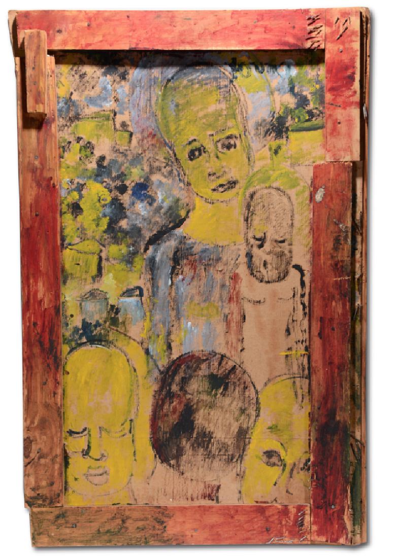 Purvis Young. Sympathetic Figures In Yellow.: Purvis Young. Sympathetic Figures In Yellow. Signed. Paint on found board. Excellent condition. 33" w x 48"h. Est. $2,000-3,000. Ship: $150