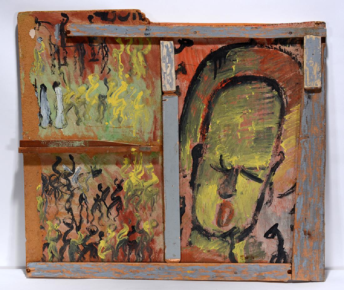Purvis Young. Portrait With Side Figures.: Purvis Young. Portrait With Side Figures. Signed. Not dated. Paint on found masonite. Great condition. 31"w x 26"h. Est. $1,000-3,000. Ship: $75