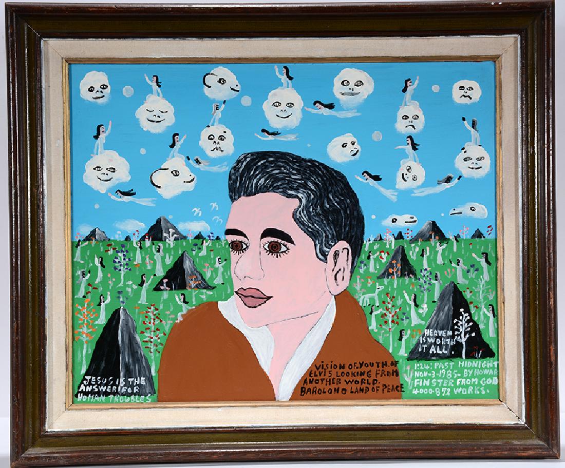 Howard Finster. Vision Of Youth Of Elvis Looking From: Howard Finster. Vision Of Youth Of Elvis Looking From Another World. 1985. #4,872. Signed, dated, titled and numbered. Enamel on board. Excellent condition. Image is 20" w x 16"h. Frame is 25" w x 21"