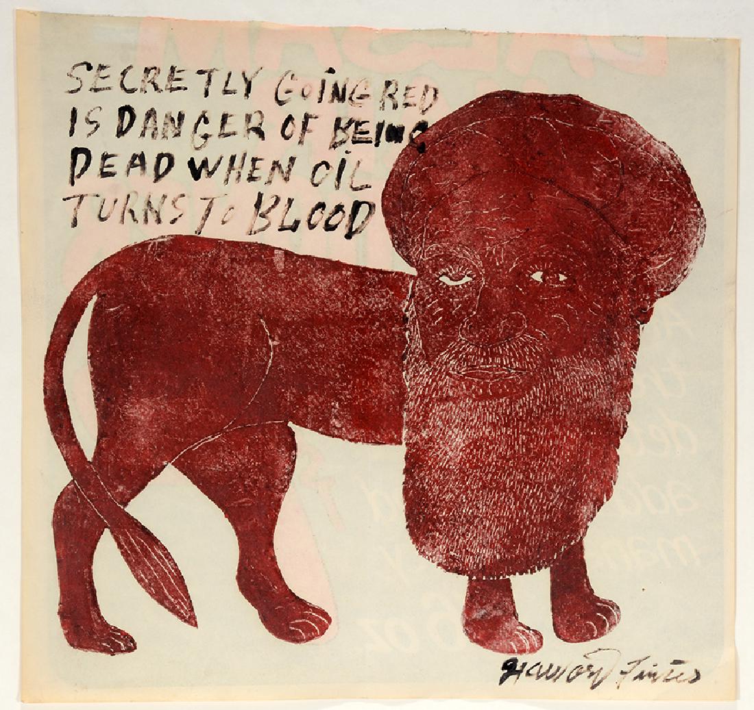 Howard Finster. When Oil Turns To Blood Signed Mono: Howard Finster. When Oil Turns To Blood. Signed mono print on back on found paper advertisement. Excellent condition. Image is 12.5" x 12". Frame is 17.5" w x 17". Provenance: Cavin Morris Gallery, Ja
