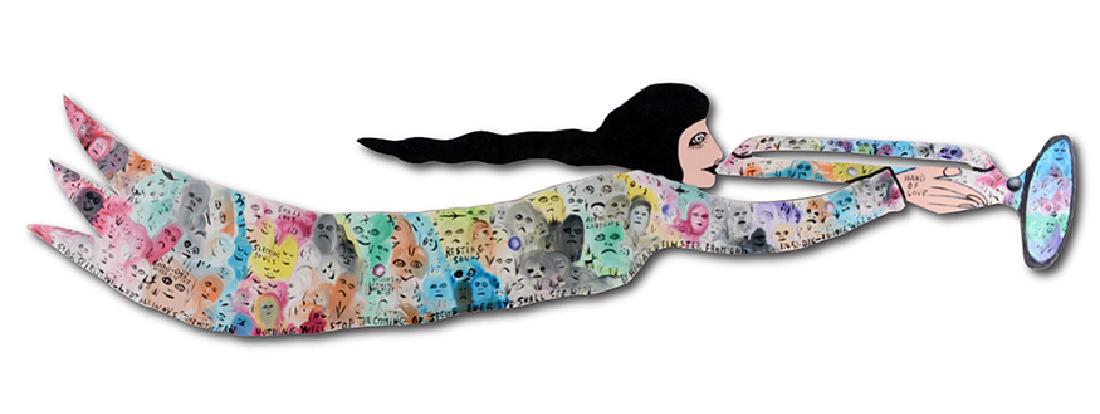 Howard Finster. Trumpeting Angel.: Howard Finster. Trumpeting Angel. 1986. #6,033. Signed, dated and numbered. Enamel on cut out board. Excellent condition. 50"long x 10"h. Est. $1,000-3,000. Ship: $85