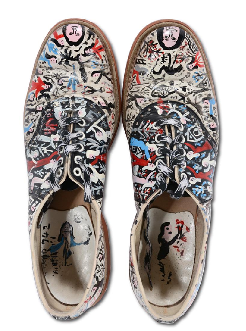Howard Finster. Painted Mary Jane Shoes.: Howard Finster. Painted Mary Jane Shoes. Signed. Number is worn and difficult to read. All paint on leather shoes. Excellent condition. 10.5". Est. $500-800. Ship: $35
