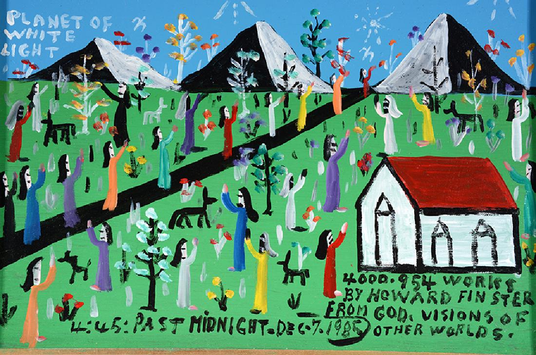 Howard Finster. Planet Of White Light.: Howard Finster. Planet Of White Light. 1985. #4,954. Signed, dated, titled and numbered. Enamel on board. Excellent condition. Image is 10" x 8". Frame is 12" x 10". Est. $500-1,000. Ship: $25