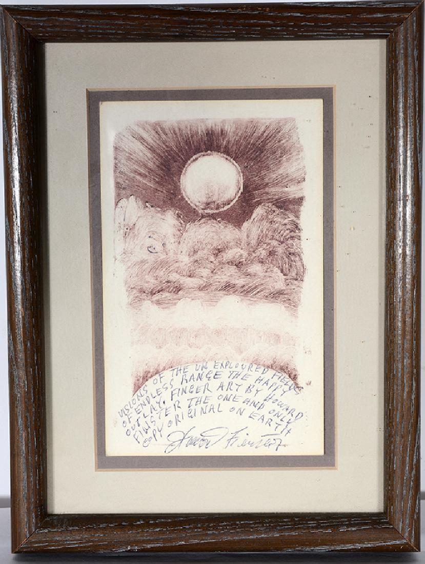 Howard Finster. Vision Of The Unexplored.: Howard Finster. Vision Of The Unexplored. Not dated or numbered. Original monoprint. Signed. Ink on paper. Excellent condition. Image is 4" w x 6.5"h. Frame is 7" w x 9"h. Est. $200-400. Ship: $35