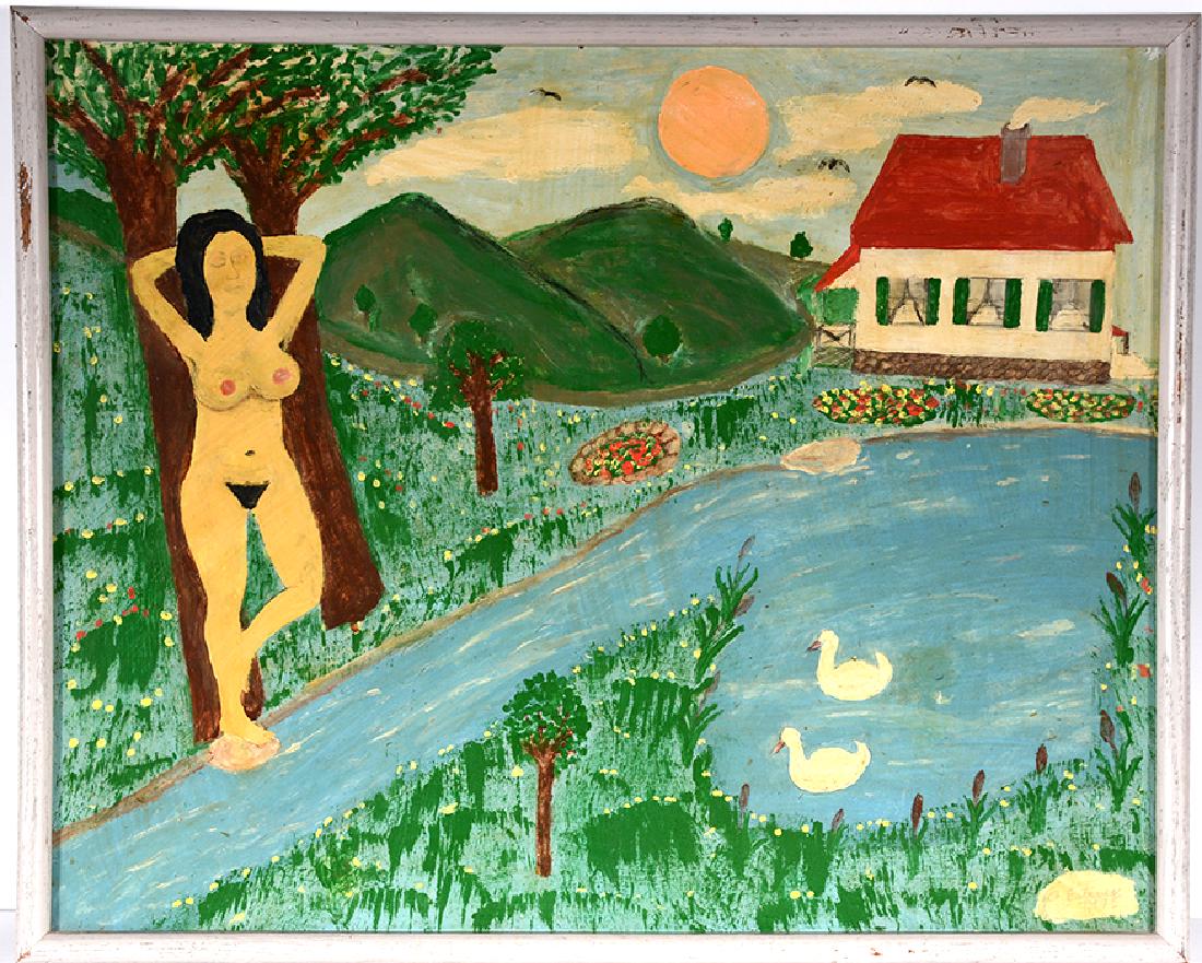 Antonio Esteves. Nude Woman Standing Under Trees.: Antonio Esteves. Nude Woman Standing Under Trees. 1975. Signed and dated. Oil on masonite. Excellent condition. Size with frame is 31" w x 25"h. Est. $1,000-2,000. Ship: $65