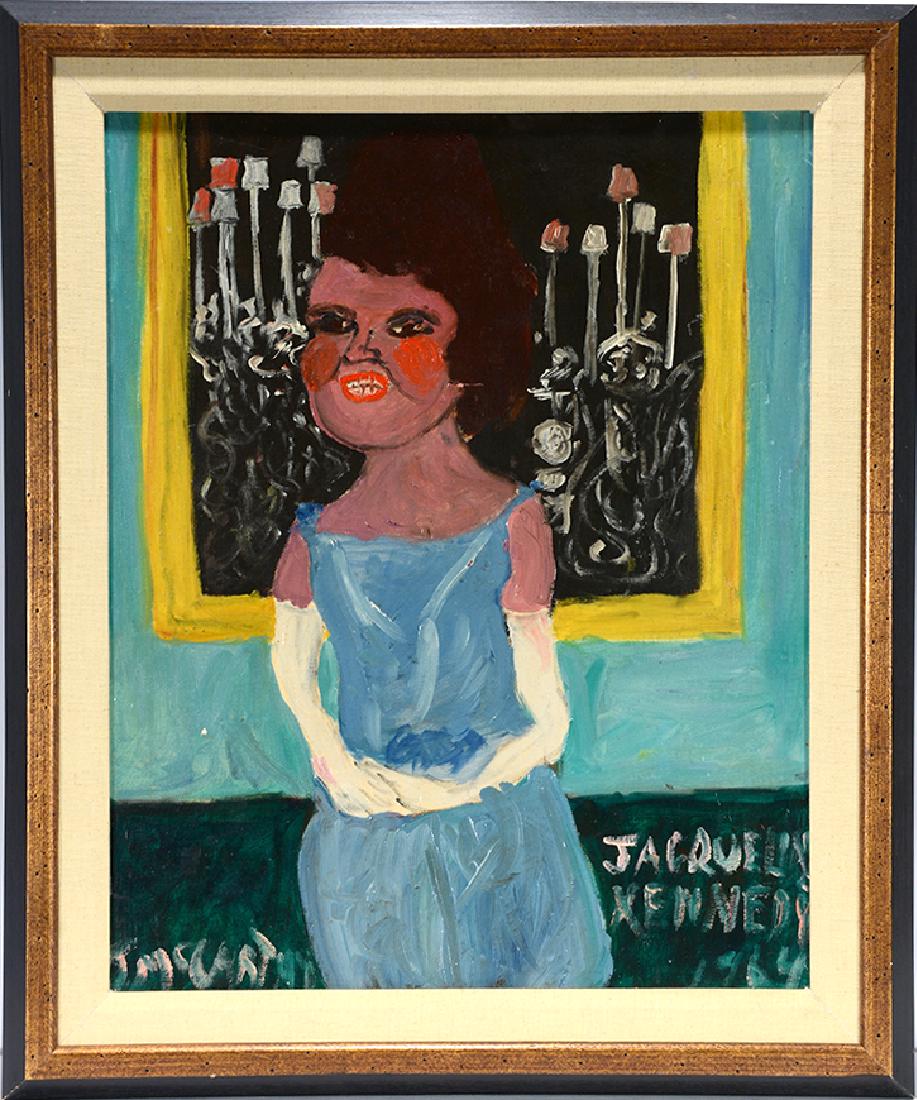 Justin McCarthy. Jacqueline Kennedy.: Justin McCarthy. Jacqueline Kennedy. 1964. Signed, dated and titled. Oil on canvas panel. Excellent condition. Image is 16" w x 20"h. Frame is 21"w x 24"h. Est. $1,000-2,000. Ship: $45