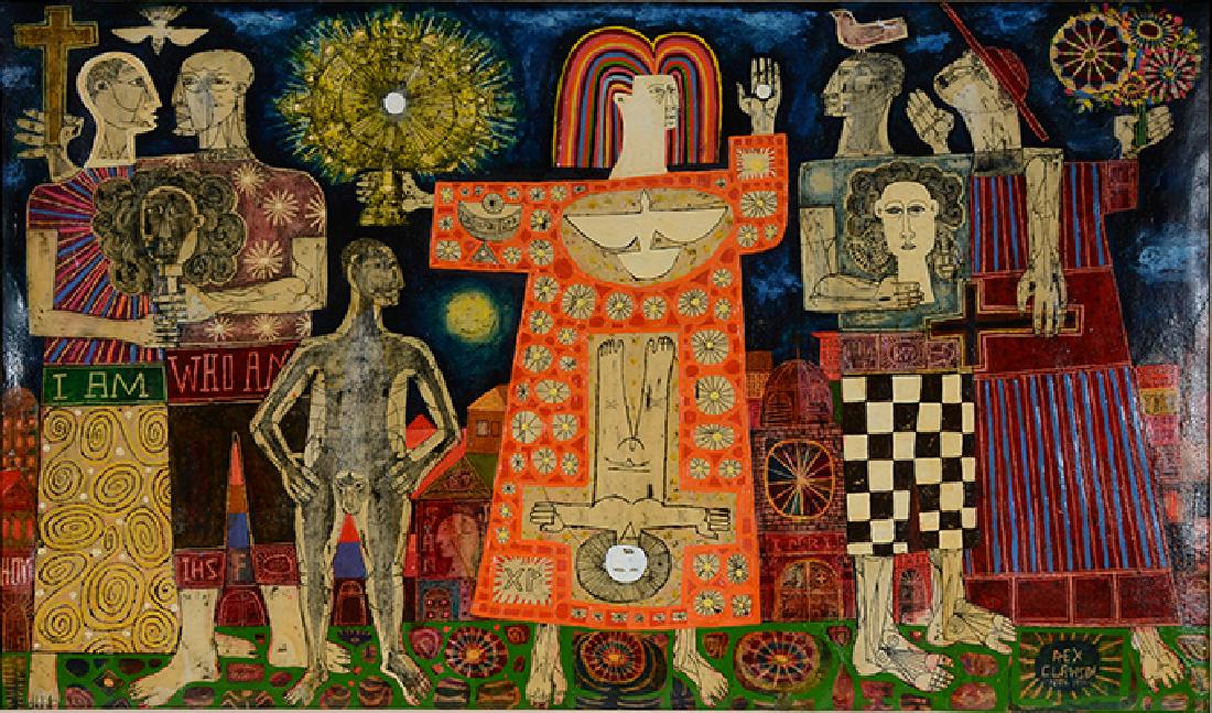 Rex Clawson. I Am.: Rex Clawson. I Am. 1956. Signed, dated and titled. Tempra, paint, ink and varnish on paper. One minor paint crack, otherwise good condition. Image is 28" w x 16"h. Frame is 35"w x 23"h. Est. $1,000-1,