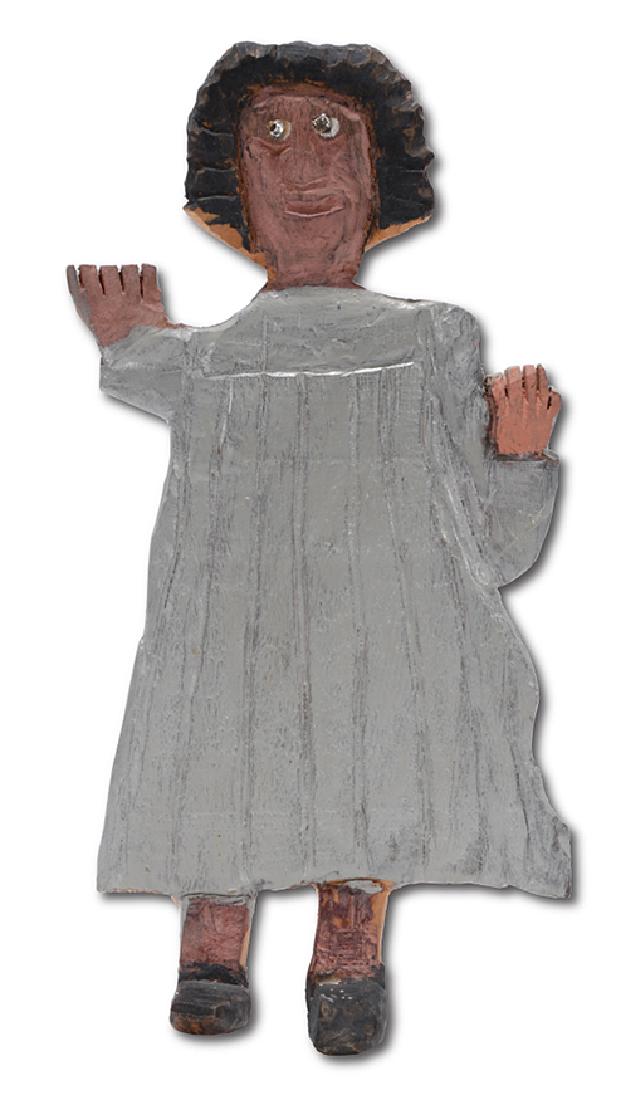 Elijah Pierce. Standing Woman In Gray Dress.: Elijah Pierce. Standing Woman In Gray Dress. 1982. Signed and dated. Carved wood and paint with jeweled eyes. Excellent condition. 9" x 5". Est. $1,000-1,500. Ship: $35