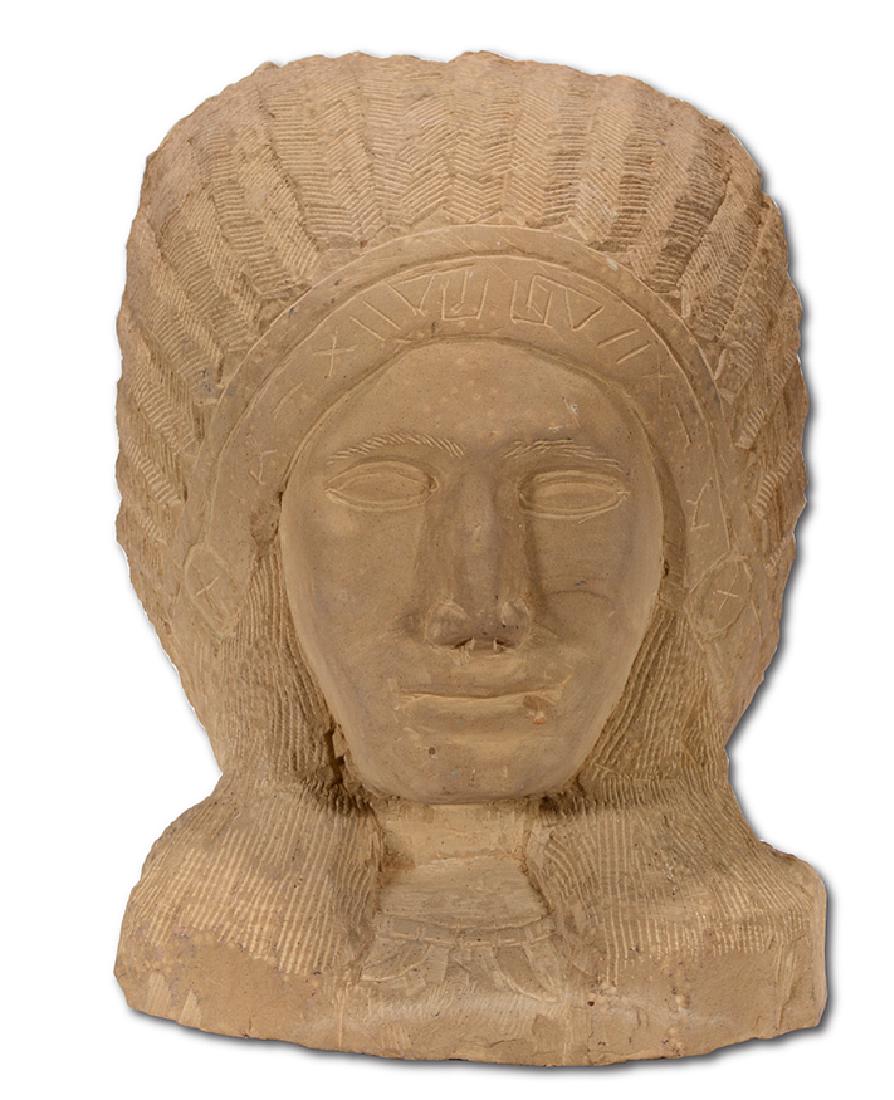 Popeye Reed. Indian Chief With Headdress.: Popeye Reed. Indian Chief With Headdress. Signed. Carved stone. Excellent condition. 12" x 15"x 9". Est. $1,000-2,000. Ship: $100