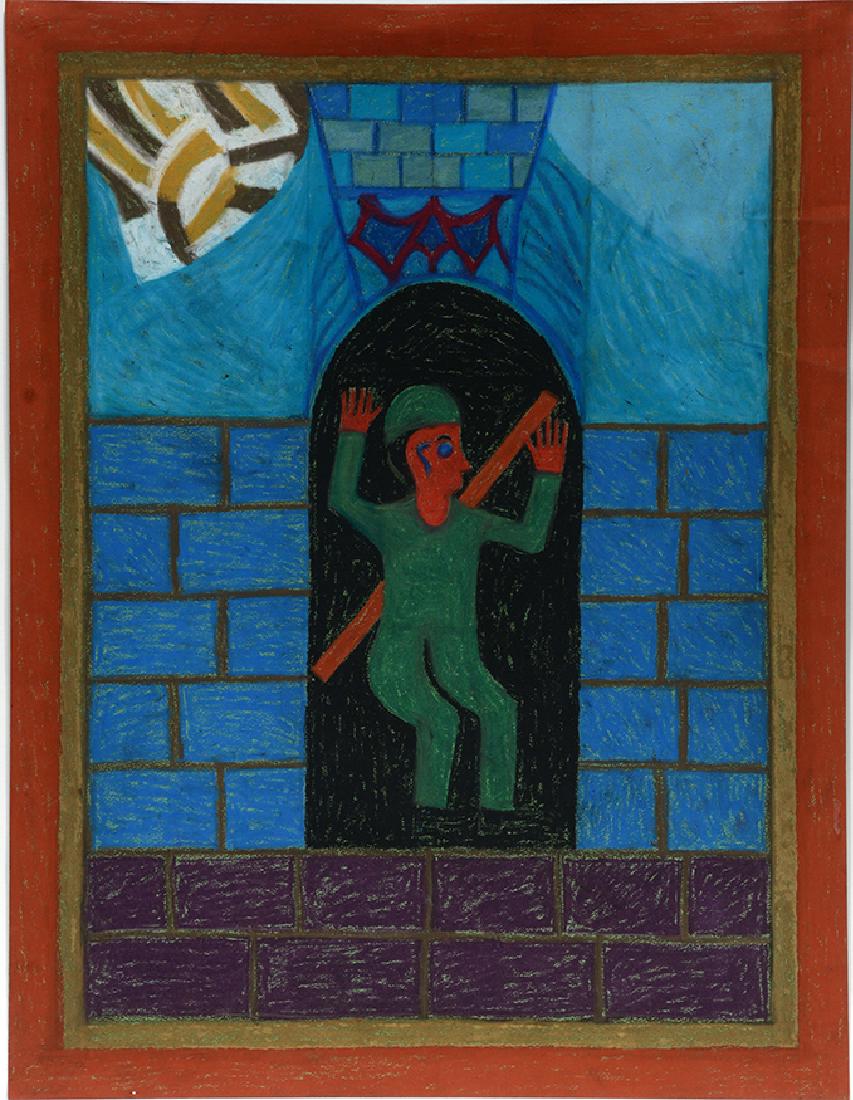 Eddie Arning. Man In Green Standing In Archway.: Eddie Arning. Man In Green Standing In Archway. Not signed or dated. Deep rich craypas on paper. Excellent condition. Image is 20" w x 26"h. Frame is 31"w x 37"h. Est. $2,000-3,000. Ship: $100