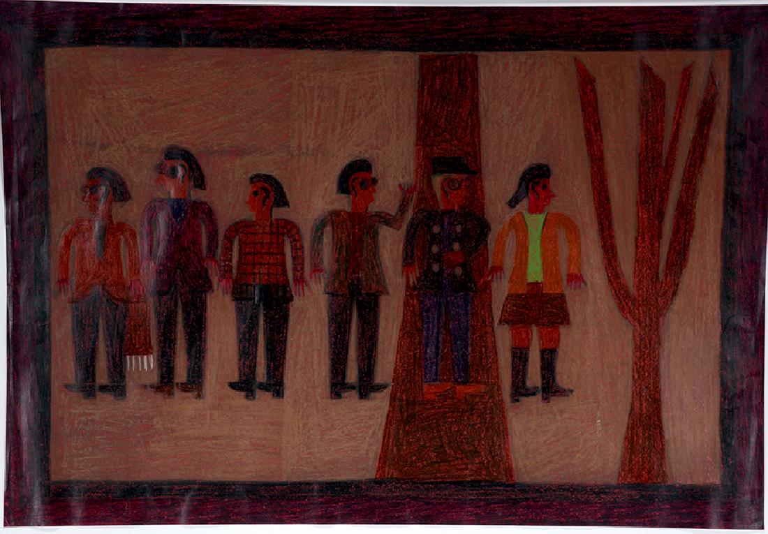 Eddie Arning. Six Figures In Desert.: Eddie Arning Six Figures In Desert. Not signed or dated. Craypas on paper. Great condition. Image is 32"w x 22"h. Not framed. Provenance: The Ames Gallery. Est. $2,000-3,000. Ship: $75