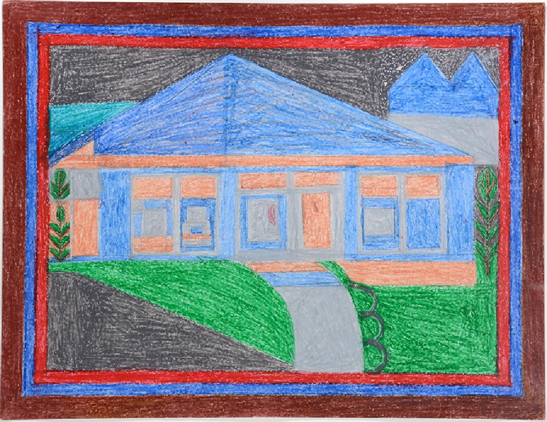 Eddie Arning. Blue House, #584.: Eddie Arning. Blue House, #584. Craypas and crayon on paper. Excellent condition. Image is 26" w x 20"h. Frame is 35"w x 29"h. Provenance: ex. Mendelsohn Collection. Est. $2,000-3,000. Ship: $75