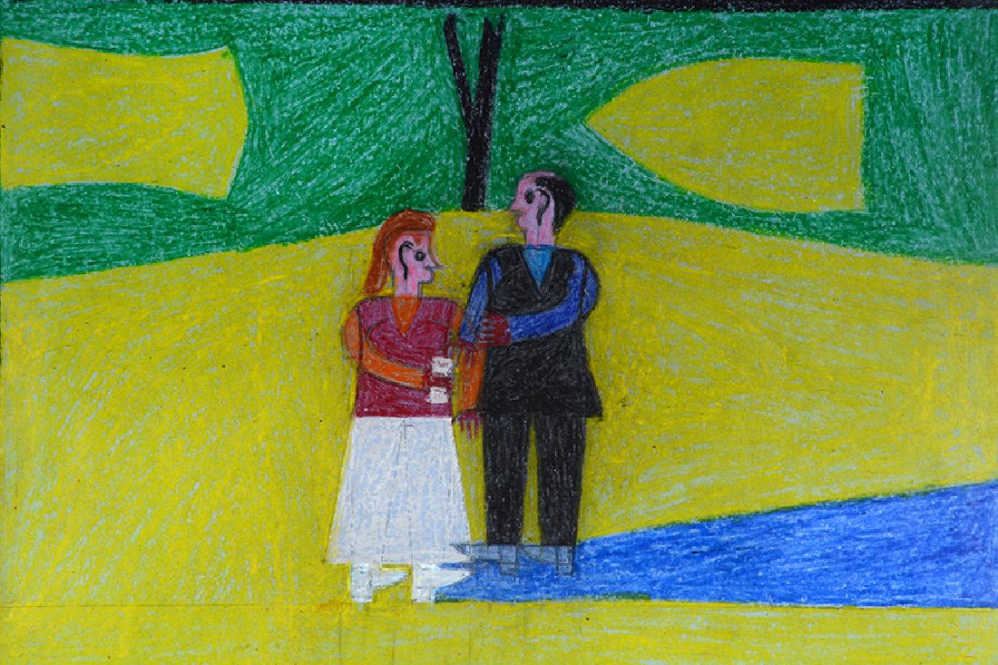 Eddie Arning. Couple By The Lake.: Eddie Arning. Couple By The Lake. Not signed or dated. Heavy crayon on poster. Excellent condition. Image is 26" w x 19"h. Size with frame is 31" w x 25"h. Est. $1,000-2,000. Ship: $55