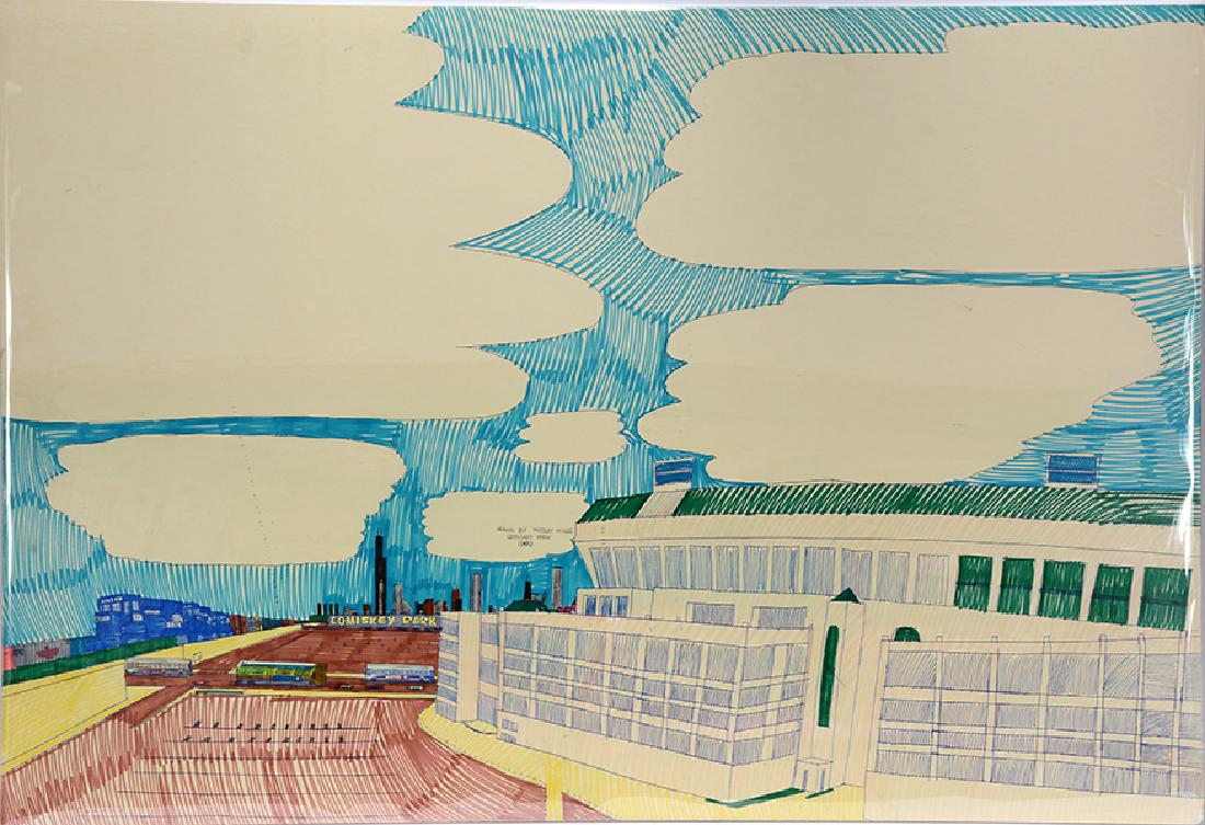 Wesley Willis. Comiskey Park.: Wesley Willis. Comiskey Park. 1992. Signed, dated and titled. Marker, ink and paint on large poster. Excellent condition. 41" w x 28"h. Est. $800-1,200. Ship: $100