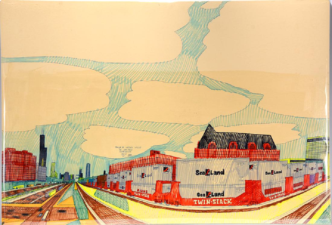 Wesley Willis. Dan Ryan Expressway & 33rd St.: Wesley Willis. Dan Ryan Expressway & 33rd St. 1991. Signed, dated and titled. Marker, ink and paint on large poster. Excellent condition. 41" w x 28"h. Est. $800-1,200. Ship: $100