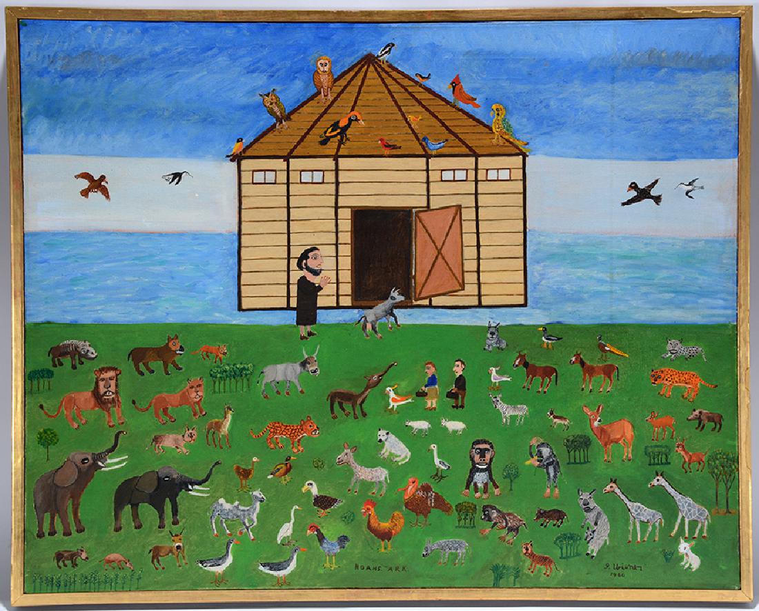 Isidor ‘Pop' Wiener. Noah's Ark.: Isidor ‘Pop' Wiener (1885-1970). Noah's Ark. 1960. Signed, dated and titled. Oil on canvas. Excellent condition. Masterpiece work by Wiener. Size with frame is 31"w x 25"h. Est. $800-1,200. Ship: $6