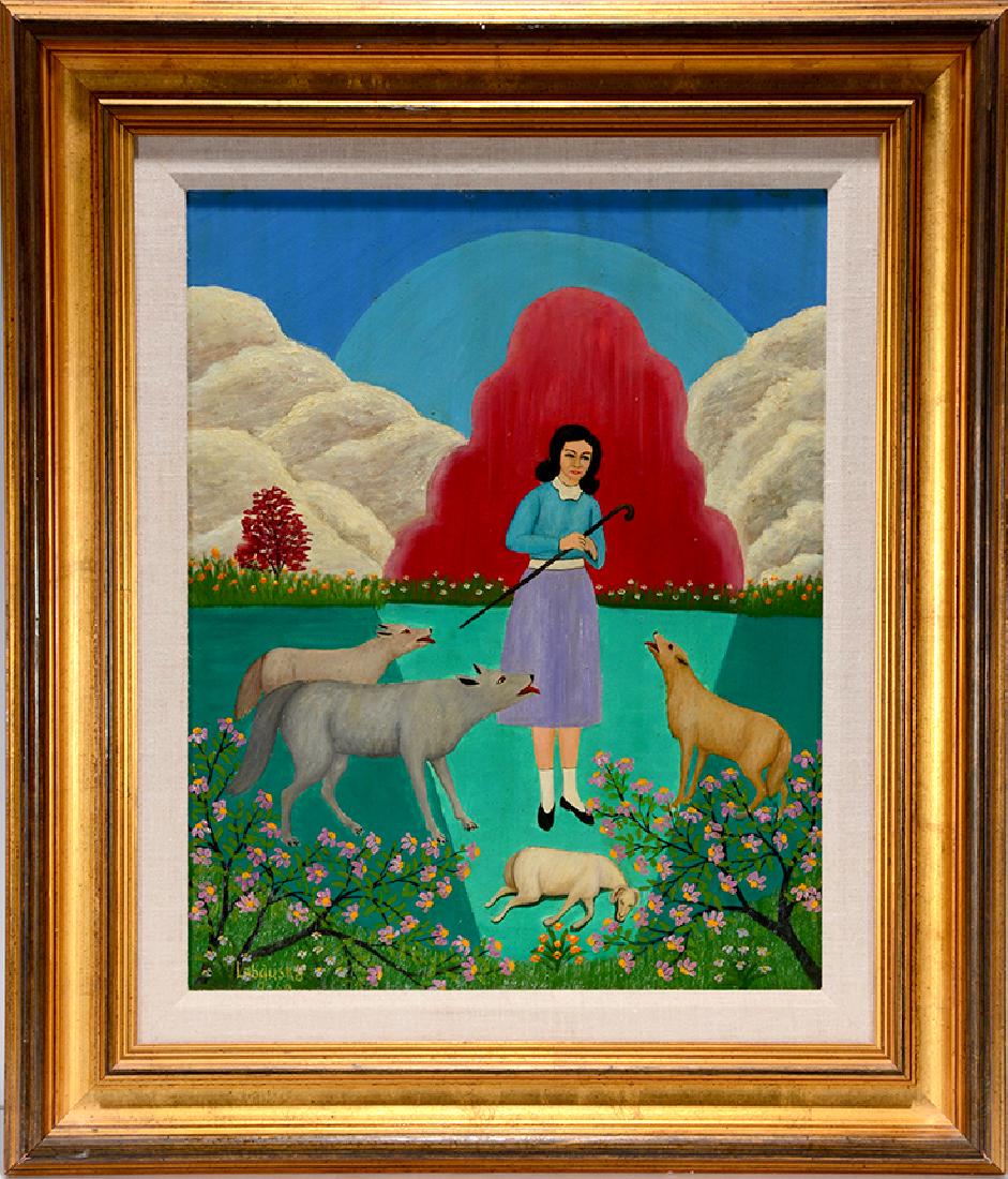 Lawrence Lebduska. Shepherdess.: Lawrence Lebduska. Shepherdess. 1960. Signed, dated and titled. Oil on masonite. Excellent condition. Image 16"w x 20"h. Frame is 24.5"w x 28.5"h. Provenance: Hirshhorn Museum-Smithsonian Institution.
