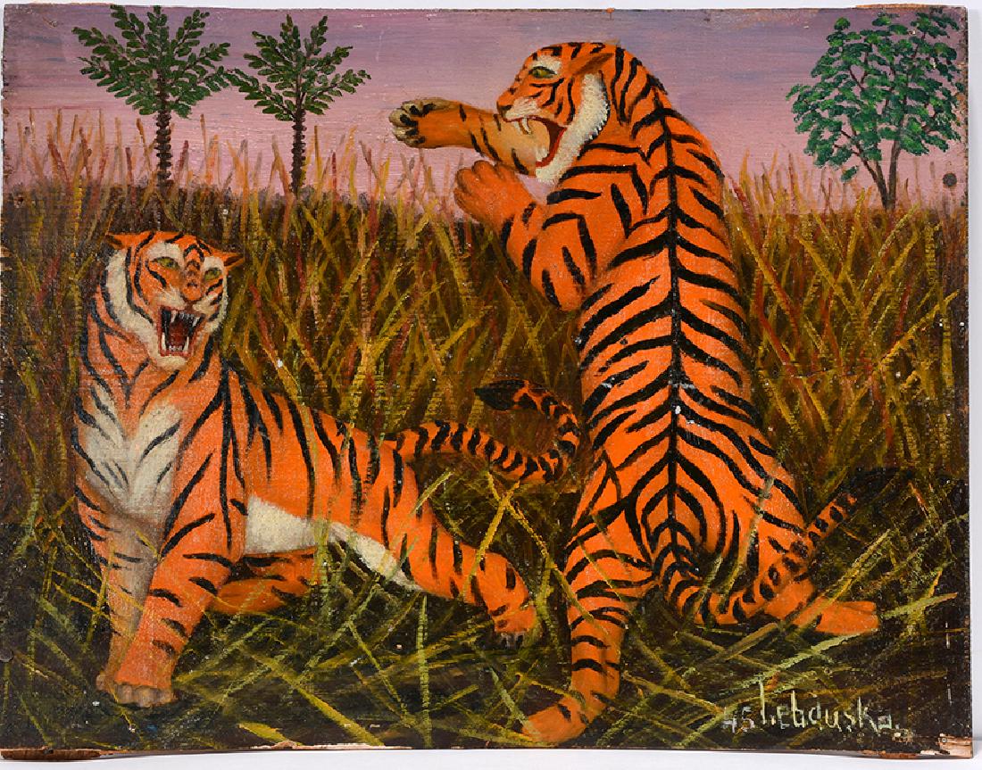Lawrence Lebduska. Tiger Fight.: Lawrence Lebduska. Tiger Fight. 1945. Signed and dated. Oil on found wooden crate top. Minor wood splintering on edges and minor paint flakes, otherwise good condition. 12"w x 9.5"h. Est. $800-1,200. 
