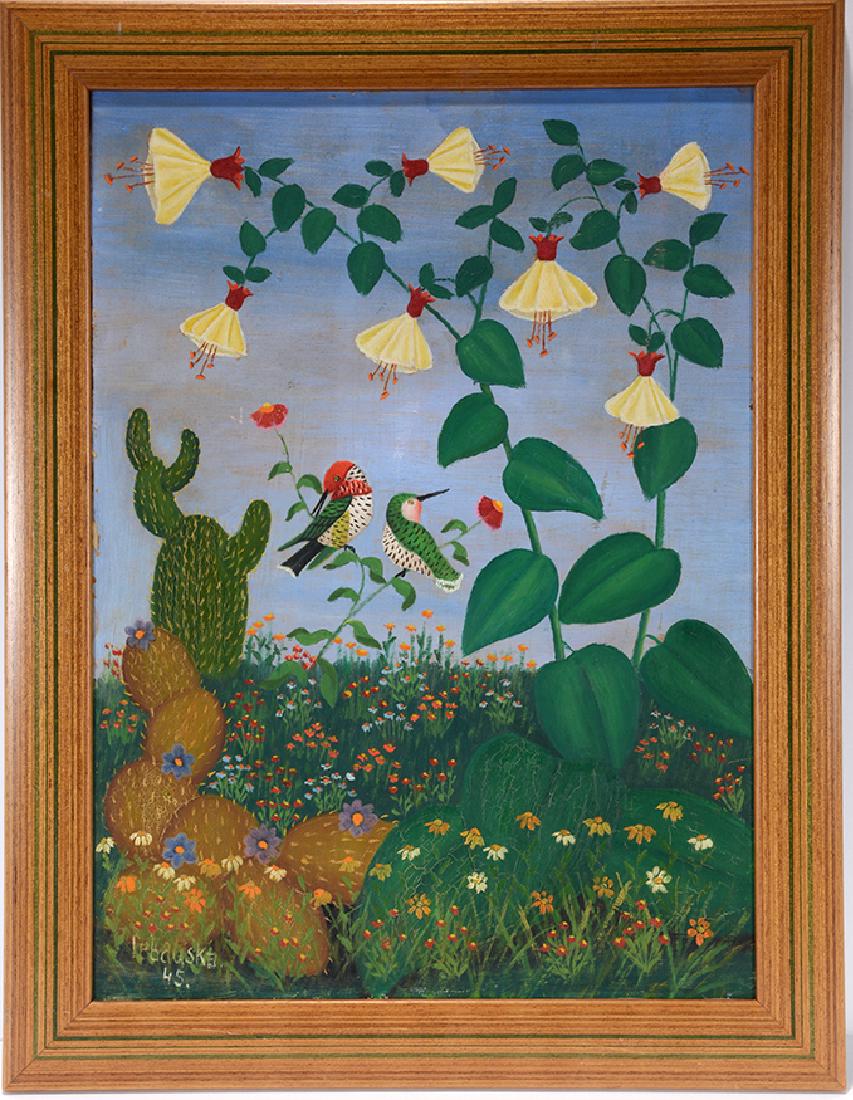 Lawrence Lebduska. Hummingbirds With Cactus & Morning: Lawrence Lebduska Resting Hummingbirds With Cactus & Morning Glories. 1945. Signed and dated. Oil on board. Minor crazing, otherwise excellent condition. 15" w x 19"h with frame. Est. $800-1,200. Ship