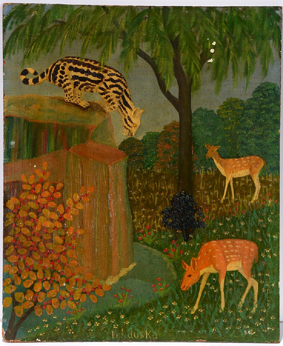 Lawrence Lebduska. Leopard About To Pounce.: Lawrence Lebduska. Leopard About To Pounce. Signed. Not dated. Oil on masonite. Minor stray paint drips, otherwise good condition. 12"w x 15"h. Est. $600-900. Ship: $35