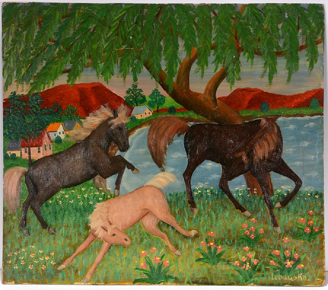 Lawrence Lebduska. Prancing Horses Near Lake.: Lawrence Lebduska. Prancing Horses Near Lake. Signed. Not dated. Oil on masonite. Minor paint flake in tree and minor paint rub, otherwise good condition. 20.5" w x 18"h. Est. $600-900. Ship: $45