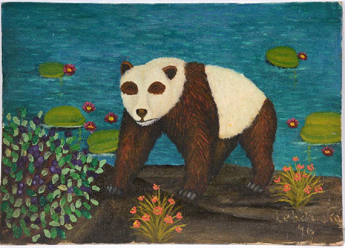 Lawrence Lebduska. Panda.: Lawrence Lebduska. Panda. 1946. Signed or dated. Oil on canvas panel. Minor wear on edges, otherwise great condition. 14"w x 10"h. Est. $600-900. Ship: $35