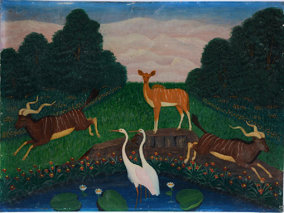 Lawrence Lebduska. White Cranes With African Deer.: Lawrence Lebduska. White Cranes With African Deer. 1945. Signed and dated. Paint on metal. Minor wear along edges and minor paint wear, otherwise good condition. 23.5"w x 17.5"h. Est. $600-900. Ship: 