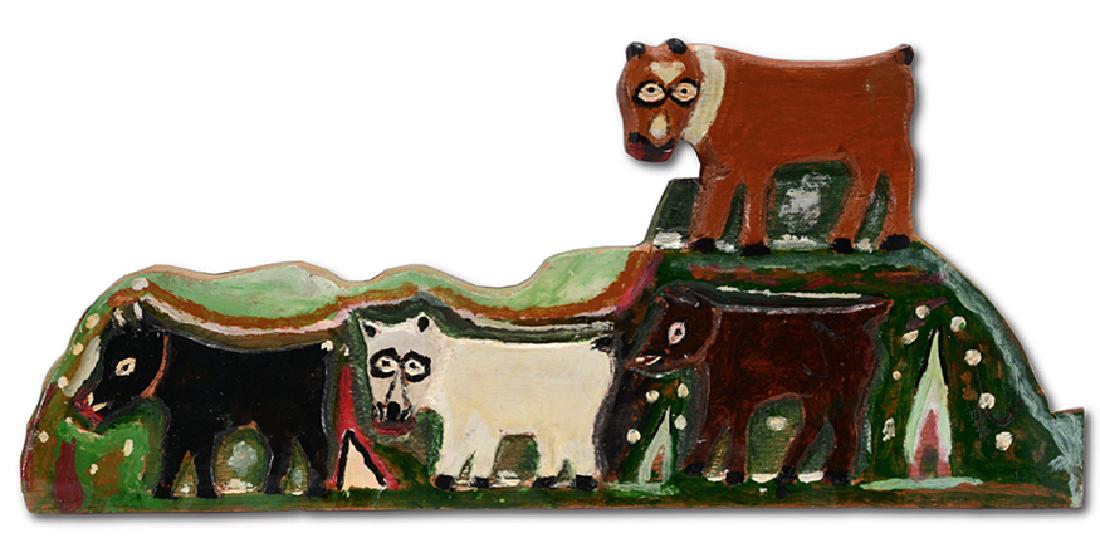 William Dawson. Wild Pack Of Dogs.: William Dawson. Wild Pack Of Dogs. 1982. Signed and dated. Carved and painted wood-relief plaque. Excellent condition. 22" w x 10"h. Provenance: The Ames Gallery. Est. $800-1,200. Ship: $45