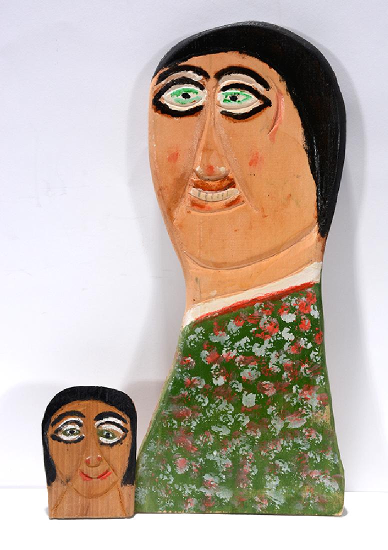 William Dawson. Large Female Head & Smaller Head.: William Dawson. Large Female Head & Smaller Head. 1988. Signed and dated. Carved and painted wood. Excellent condition. Largest is 16" x 7". Provenance: The Ames Gallery. Est. $600-900. Ship:$45
