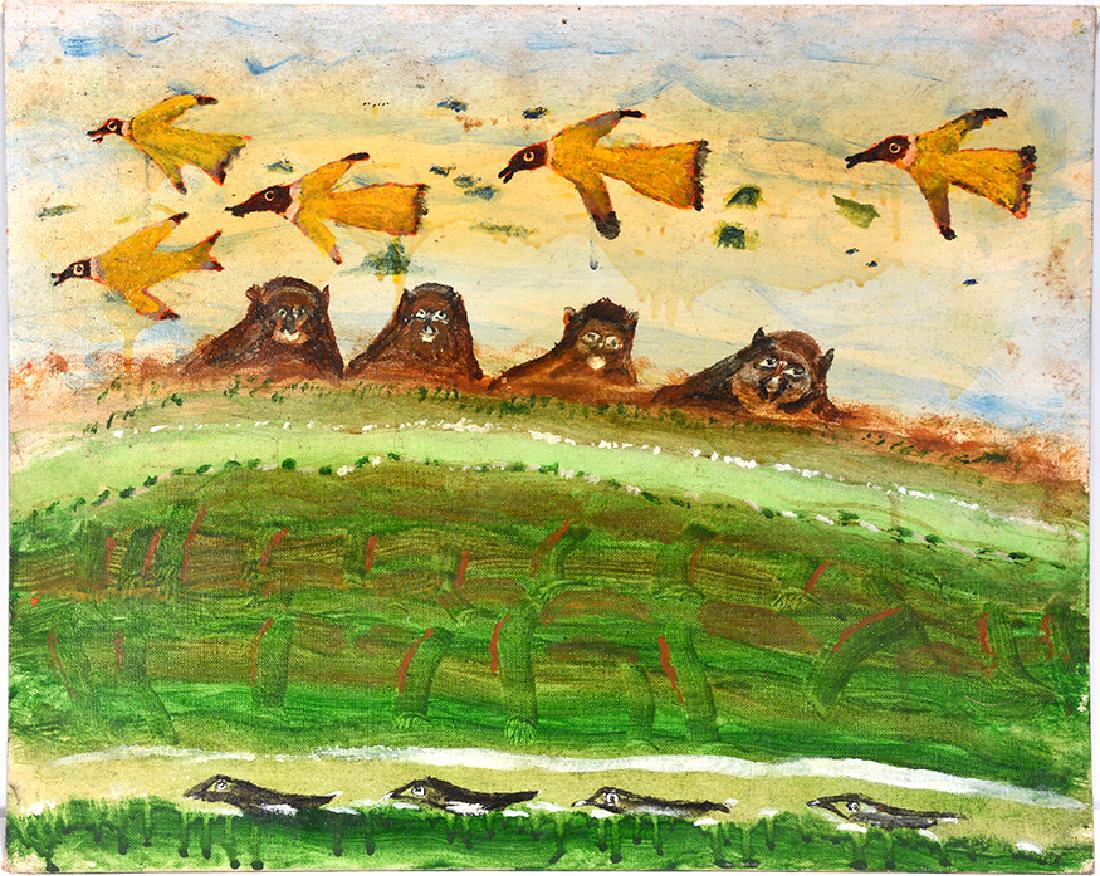 William Dawson. Birds Over Bears.: William Dawson. Birds Over Bears. 1981. Signed and dated. Oil on canvas panel with varnish. Aging of varnish, otherwise good condition. 20" w x 16"h. Provenance: The Rosenak Family Collection. Est. $3