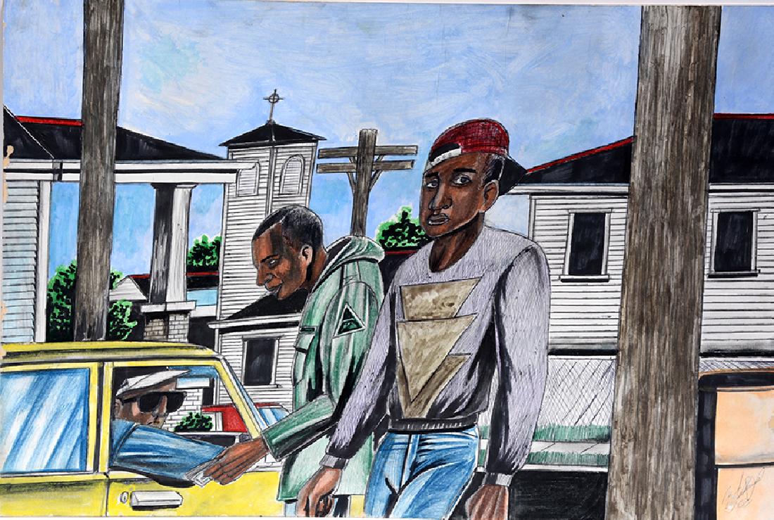 Roy Ferdinand. Doing A Deal.: Roy Ferdinand. Doing A Deal. 1992. Signed and dated. Paint and ink on poster. Loss on edges, otherwise good condition. 30" x 20". Est. $600-900. Ship: $55