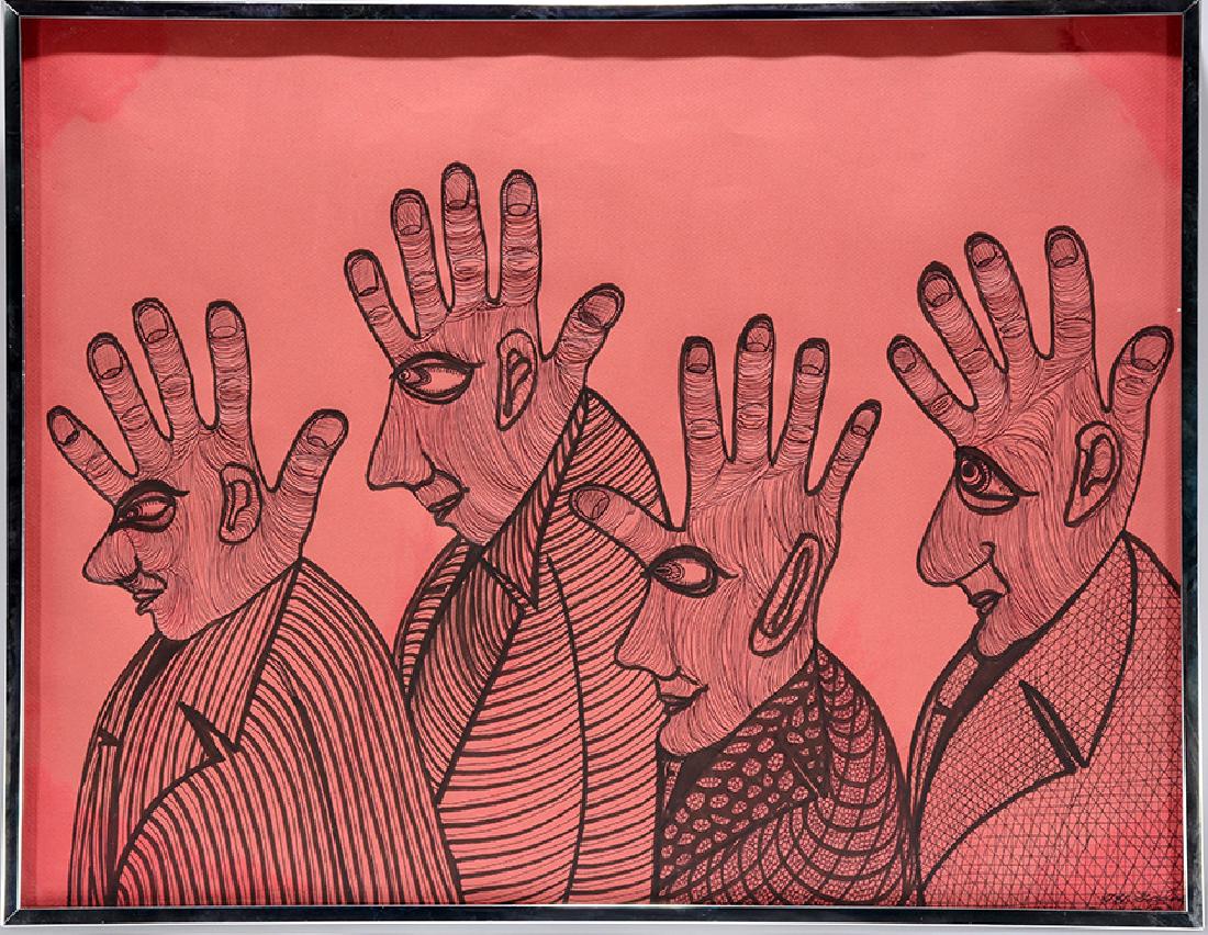 Ted Gordon. 4 Hand Faces In Profile.: Ted Gordon. 4 Hand Faces In Profile. 1981. Signed and dated. Ink and marker on colored paper. Slight fading of red paper, otherwise great condition. Size with frame is 26"w x 20"h. Provenance: The Est