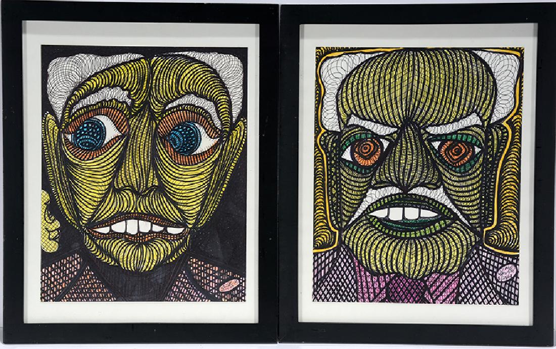 Ted Gordon. Buck Toothed Yellow Faced Friends.: Ted Gordon. Pair Of Buck Toothed Yellow Faced Friends. 2007-2008. Signed and dated. Marker and ink on cardstock. Image is 9.5" w x 11.5"h. Frame is 12.5" w x 15.5" h. Excellent condition. Provenance: 