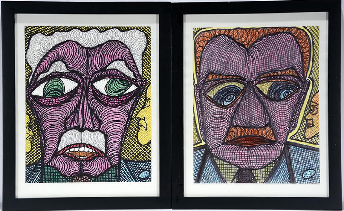 Ted Gordon. Pair of Purple Faced Friends.: Ted Gordon. Pair of Purple Faced Friends. 2001. Signed and dated. Mark and ink on cardstock. Excellent condition. Image is 9.5" w x 11.5"h. Frame is 12.5"w x 15.5"h. Provenance: The Ames Gallery. Est.