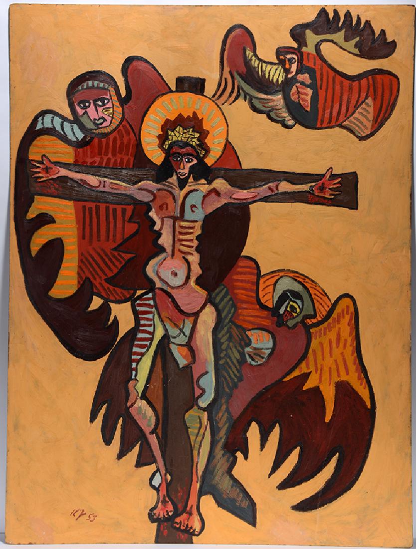 K.Y. Post Cubist Christ.: K.Y. Post Cubist Christ. 1953. Initialed and dated. Oil on found masonite. Excellent condition. 36" w x 48"h. Est. $800-1,200. Ship:$150
