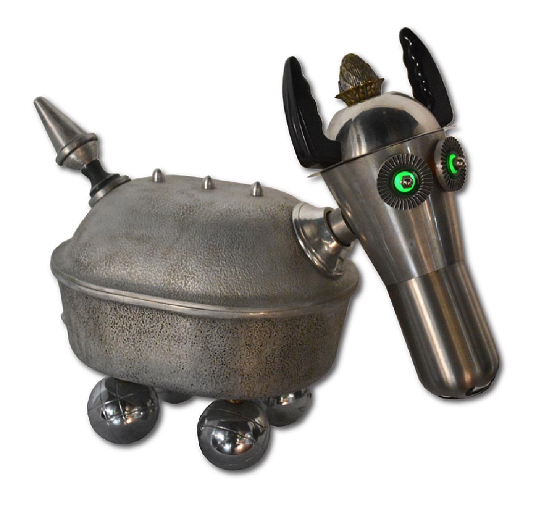 Jim Bauer. Green Eyed Dog.: Jim Bauer. Green Eyed Dog. 2016. Signed and dated. Electrified with working lights aluminum scrap and found kitchen ware construction. Excellent condition. 17" x 19" x 10". Provenance: The Ames Galler