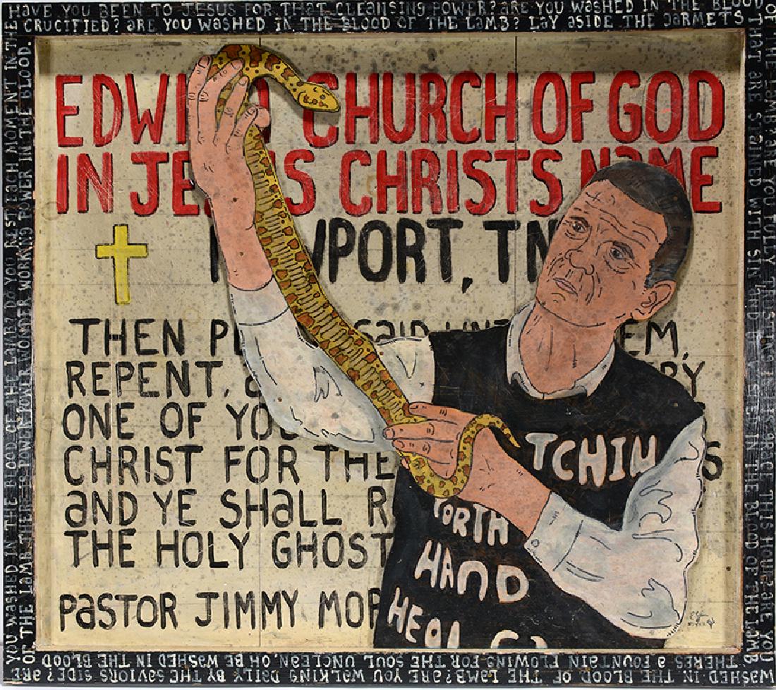 Eric Cunningham. Edwina Church Of God.: Eric Cunningham. Edwina Church Of God. 3-D cut out and painted board. Excellent condition. 34" w x 30"h. Est. $500-800. Ship: $85