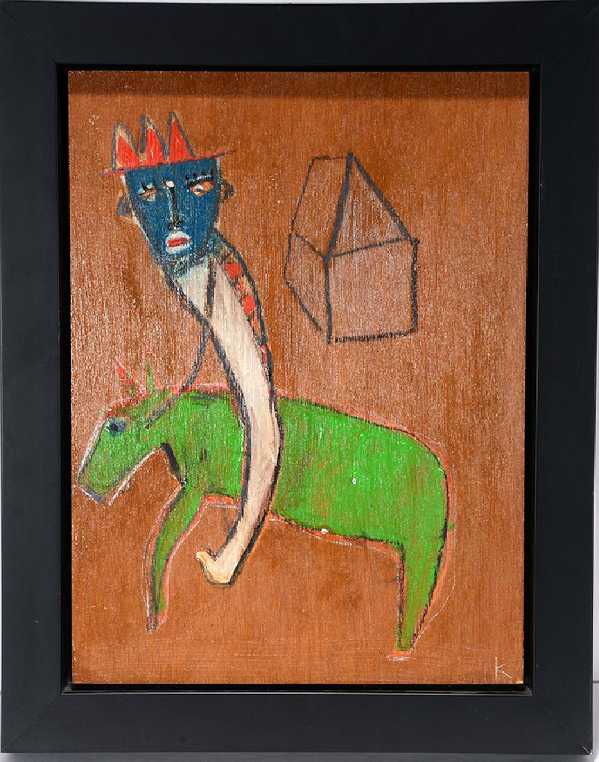 Karl Mullen. King On Green Horse.: Karl Mullen. King On Green Horse. Initialed. Paint on board. 17"h x 15.5" w. Excellent condition. Est. $300-500. Ship: $45