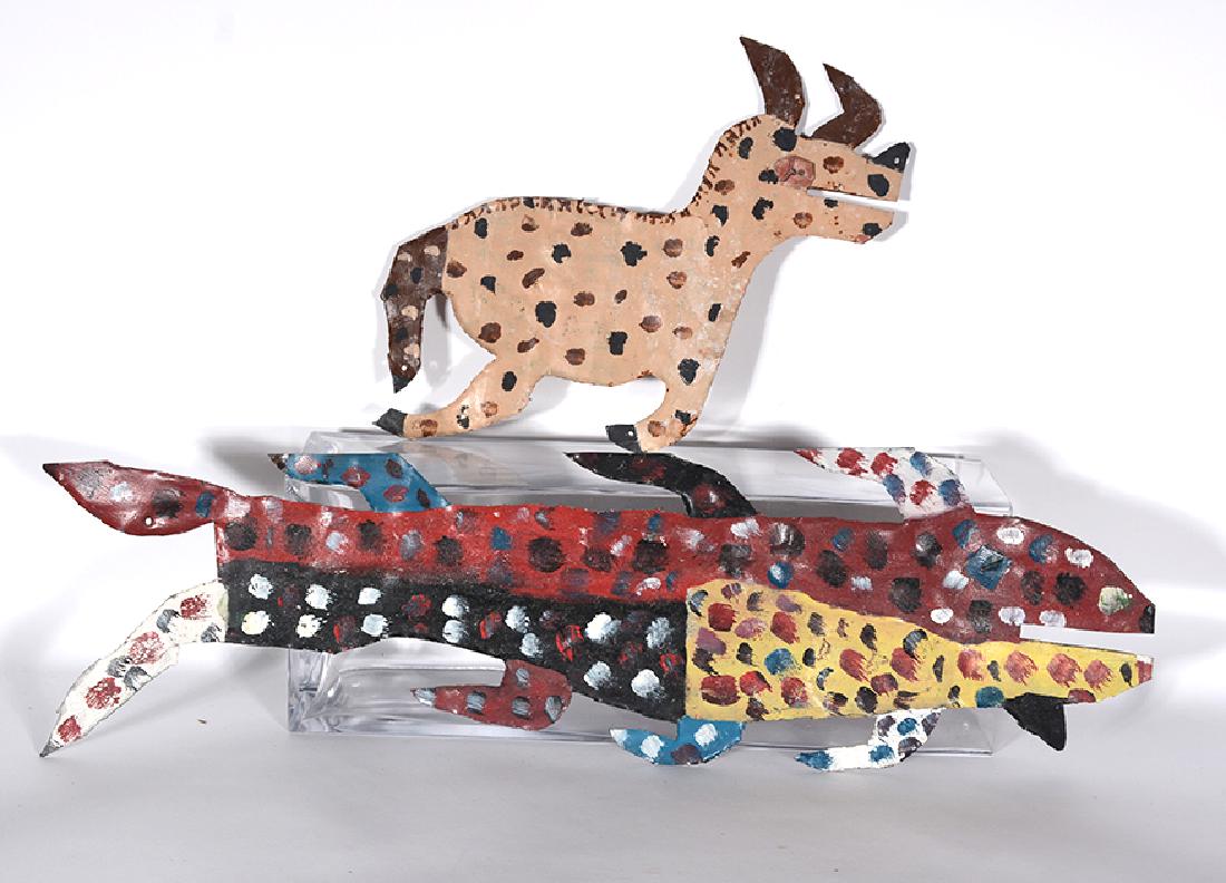 David Butler. Pair Of Sea Creatures.: David Butler. Pair Of Sea Creatures. Not signed. Paint on cut out tin. Some rust, otherwise great condition. Largest is 24" w x 7"h. Est. $300-500. Ship: $45