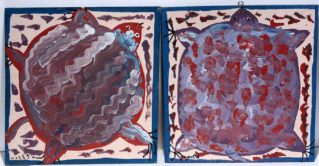 Mose Tolliver. Soft Shell Turtles.: Mose Tolliver. Soft Shell Turtles. c. 1989. Signed. One has minor paint flake, otherwise excellent condition. Each is 18" x 18". Est. $800-1,200. Ship: $45