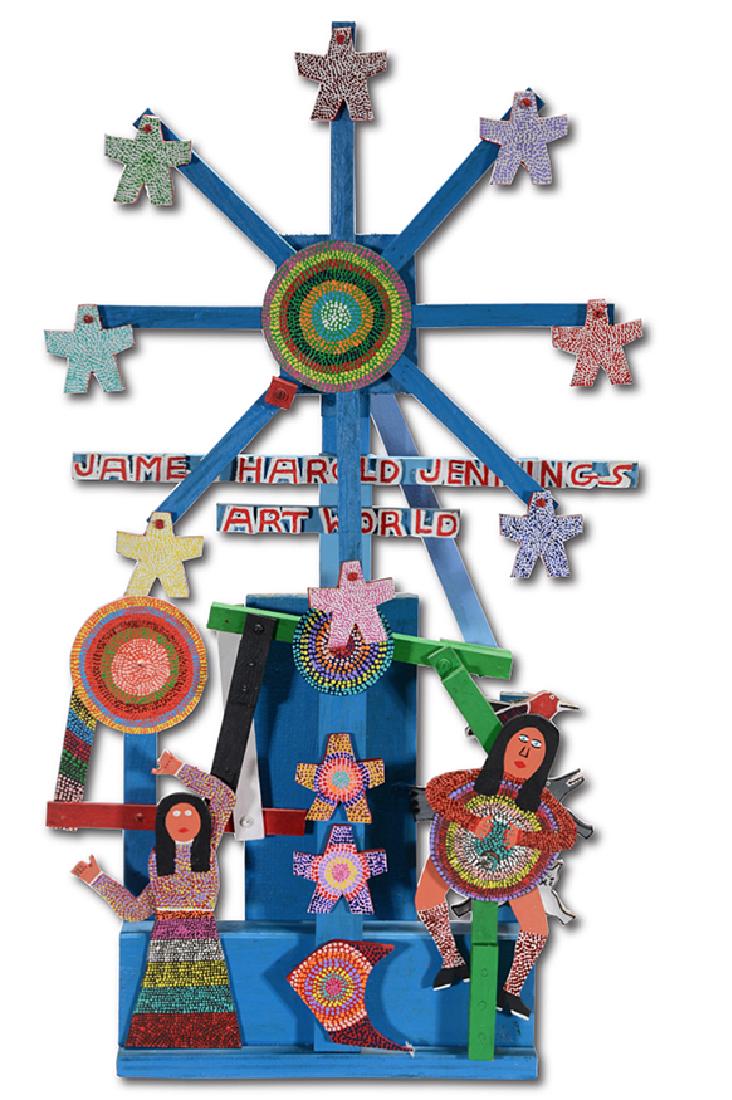 James Harold Jennings. Art World Whirligig.: James Harold Jennings. Art World Whirligig. Signed. Paint on cut out wood with mixed media. Excellent condition. 32" x 17" x 7". Est. $800-1,200. Ship: $85