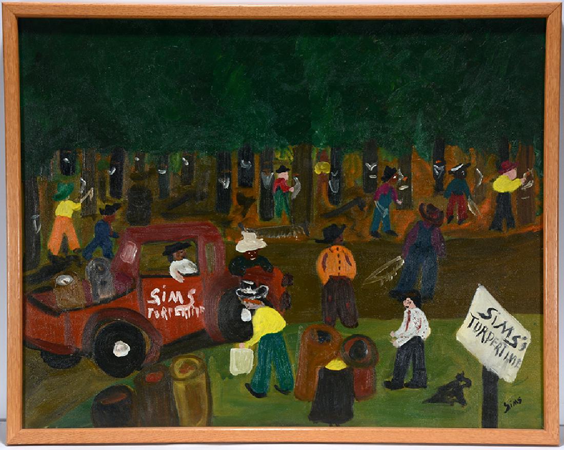 Bernice Sims. Turpentine Harvest.: Bernice Sims. Turpentine Harvest. c. 1990. Signed. Oil on canvas. Excellent condition. Large example. 29" w x 23"h with frame. Provenance: ex. Leon Lord Gallery. Est. $1,000-1,500. Ship: $55