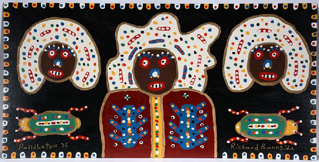 Richard Burnside. King & Queen With Bugs.: Richard Burnside. King & Queen With Bugs. Signed. Paint on board. Some paint crazing, otherwise excellent condition. 48" w x 24"h. Est. $600-900. Ship: $85