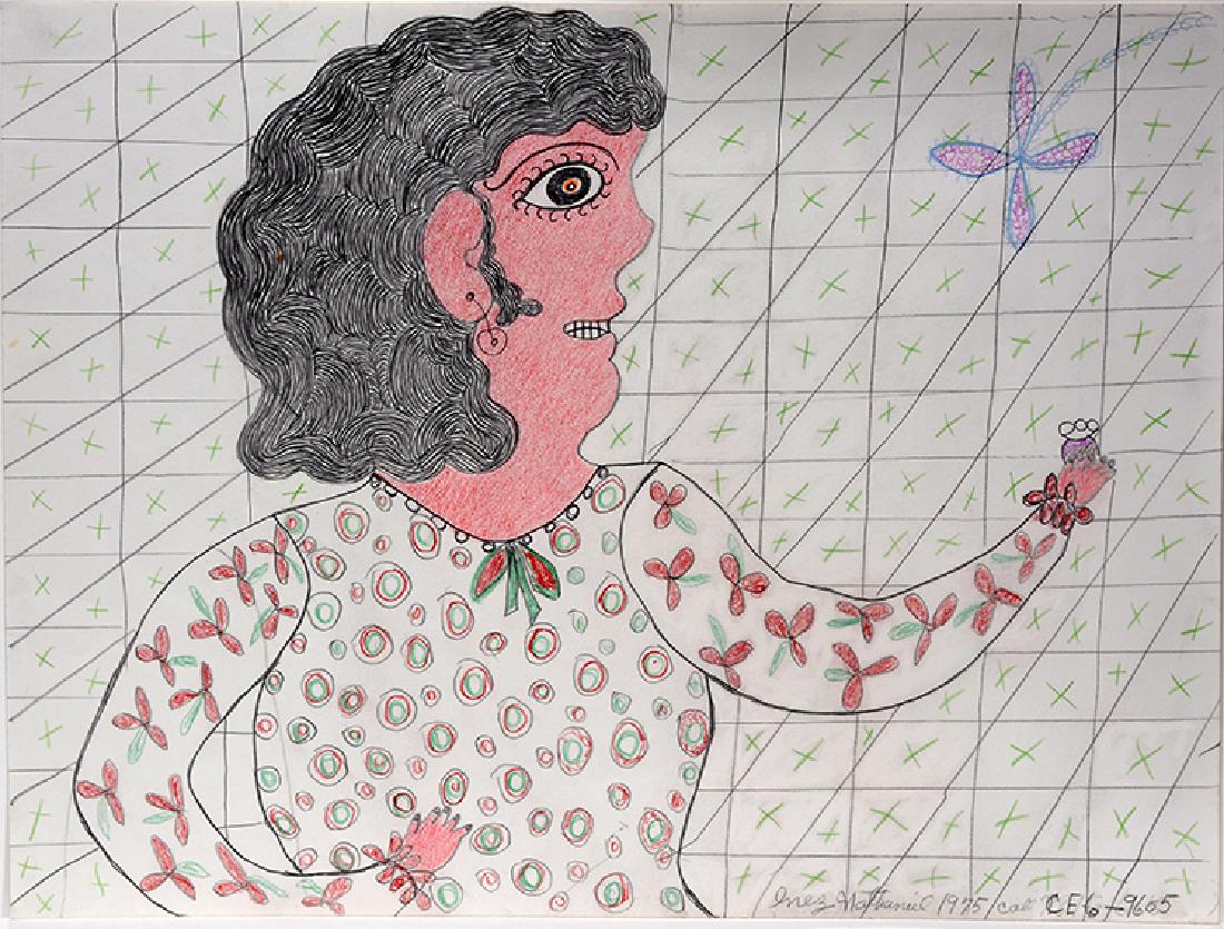 Inez Nathaniel Walker. Woman In Flower Blouse.: Inez Nathaniel Walker. Woman In Flower Blouse. 1975. Signed and dated. Crayon, colored pencil, graphite on poster. Excellent condition. 24" w x 18"h. Provenance: The Ames Gallery. Est. $800-1,200. Shi