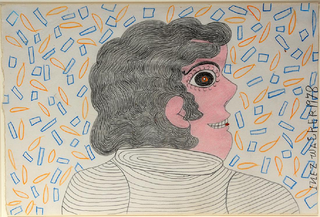 Inez Nathaniel Walker. Man In Turtleneck With Knocked: Inez Nathaniel Walker. Man In Turtleneck With Knocked Out Tooth. Signed and dated. Colored pencil, crayon and graphite on found paper. Excellent condition. Image is 18" w x 12"h. Frame is 24" w x 19. 