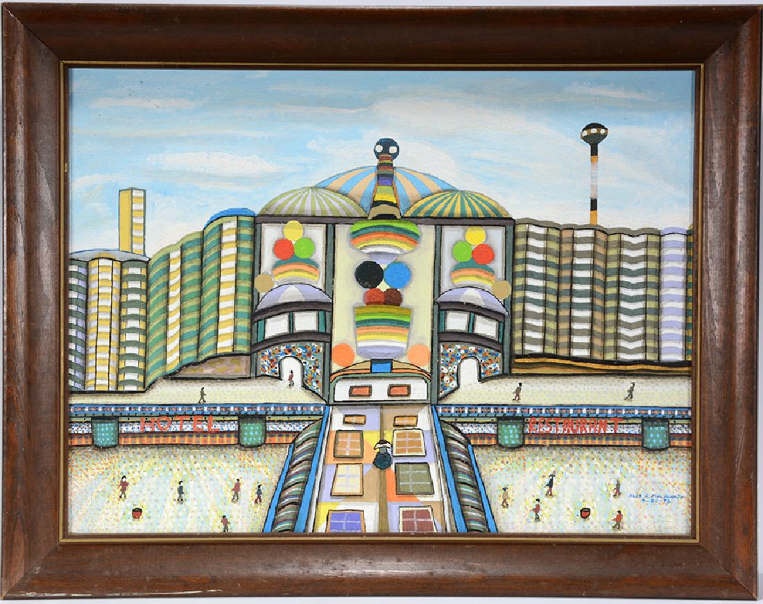 Alex Maldonado. Fun House Hotel & Restaurant.: Alex Maldonado. Fun House Hotel & Restaurant. 1976. Signed and dated. Oil on canvas. Excellent condition. Size with frame is 28" w x 22"h. Provenance: The Ames Gallery. Est. $500-800. Ship: $65